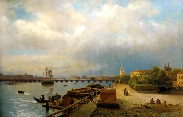 Небо, вода, облака, мост, люди, корабли, лодки, Санкт-Петербург