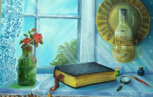 Картинка свет, розы, окно, арт, керосинка, книга, натюрморт, библия