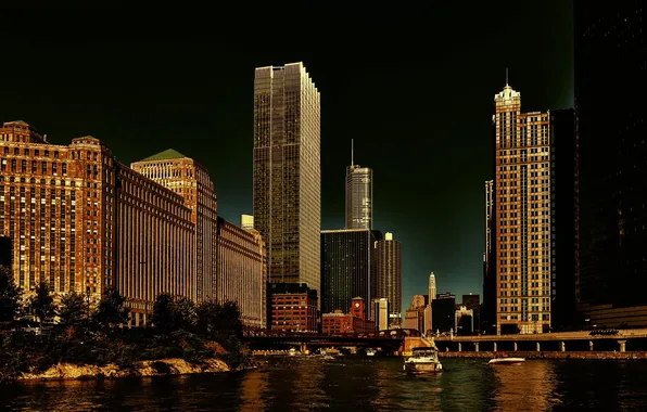Река, здания, небоскребы, Чикаго, USA, Chicago, мегаполис, illinois