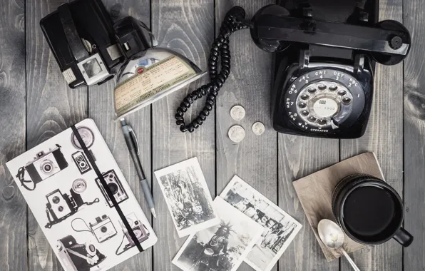 Camera, coffee, pictures, telephone, coins