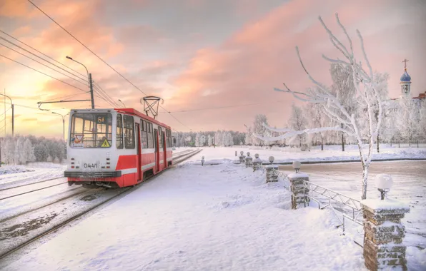Картинка зима, небо, деревья, город, трамвай, Ed Gordeev, Эдуард Гордеев, Санкт - Петербург