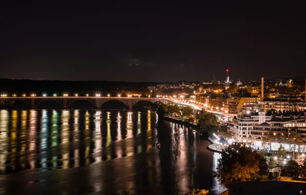 Ночь, город, огни, Washington, Key Bridge
