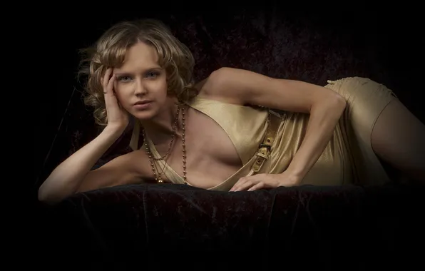 Cleavage, dress, studio, model, women, blonde, lying on side, resting head