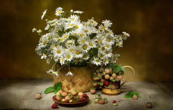 Картинка цветы, ягоды, букет, клубника, натюрморт