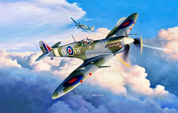 Картинка fighter, British, aircraft, painting, Supermarine, Royal Air Force, WWII, Fw.190A