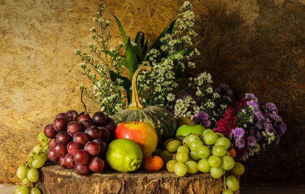 Картинка цветы, яблоки, букет, виноград, фрукты, натюрморт, груши, flowers