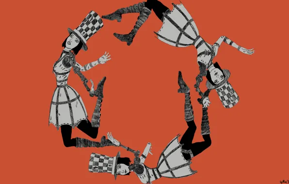 Оранжевый, серый, графика, Алиса, цикл, Алиса в стране чудес, шляпник, штриховка