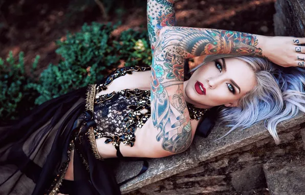 Взгляд, поза, тату, блондинка, красивая девушка, tattoo, look, beautiful girl