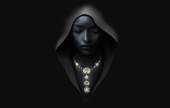 Девушка, темный, ожерелье, капюшон, балахон