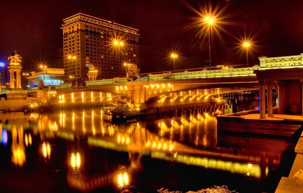 Картинка ночь, мост, огни, отражение, река, Город