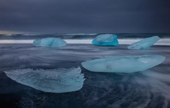 Картинка лед, море, тучи, берег, Исландия, глыба