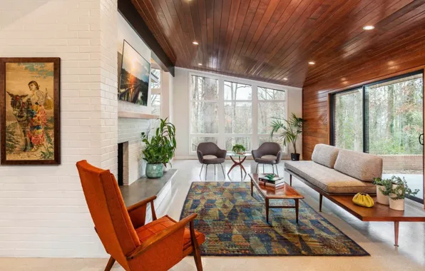 Дизайн, интерьер, камин, гостиная, mid-century modern