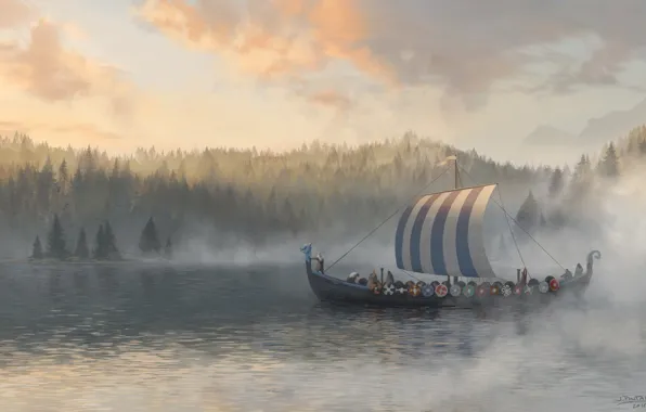 Картинка лес, вода, лодка, воины, Northern Traders, Jon Pintar