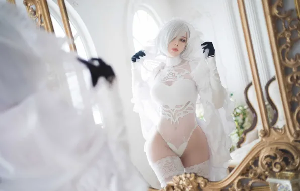 Большая грудь, Nier, cosplay, стройная фигура, Automata, Sayafox, сексуальная блондинка. зеркало