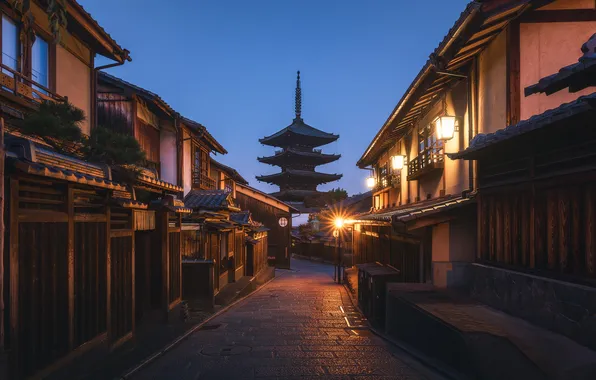 Картинка башня, дома, вечер, Япония, фонари, пагода, Japan, Kyoto