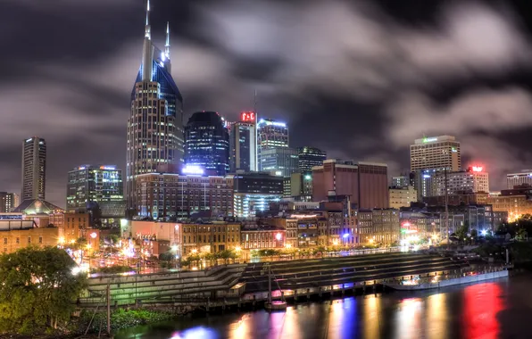 Здания, ночной город, набережная, Tennessee, Nashville