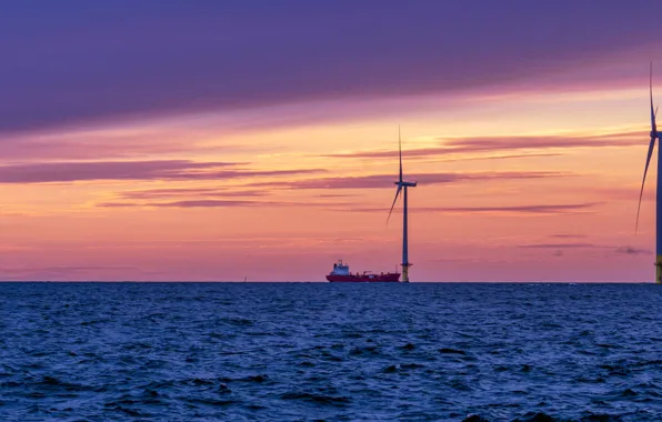 Картинка море, закат, корабль, ветряки, Финляндия, Finland, ветряные мельницы, Bothnian Sea