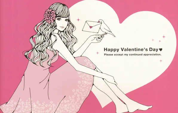 Письмо, голубь, сердечко, розовый фон, valentine's day, цветок в волосах, розовое платье, вьющиеся волосы