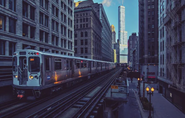 Картинка город, поезд, небоскребы, утро, Чикаго, фонари, Иллиноис