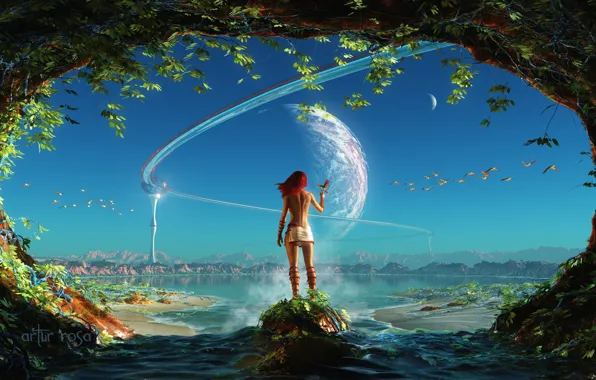 Картинка небо, вода, девушка, фантастика, птица, планета