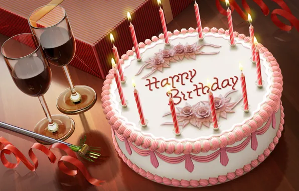 Свечи, бокалы, торт, Happy Birthday