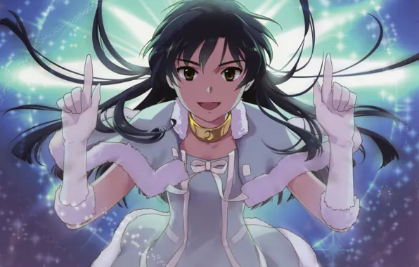 Сияние, перчатки, мех, жест, длинные волосы, idolmaster, пелерина, chihaya kisaragi