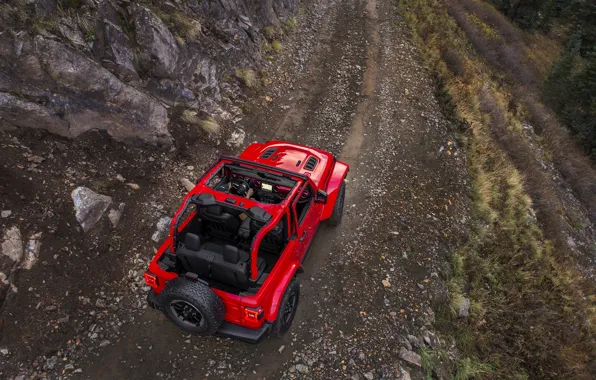 Картинка красный, камни, движение, склон, сверху, сзади, 2018, Jeep