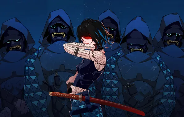 Katana, cyberpunk, samurai, warriors, futuristic, tatu, anime girl