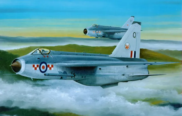 Картинка Облака, Полет, Истребитель, Арт, Лайтнинг, English Electric, Lightning F.Mk.3, Британский истребитель-перехватчик