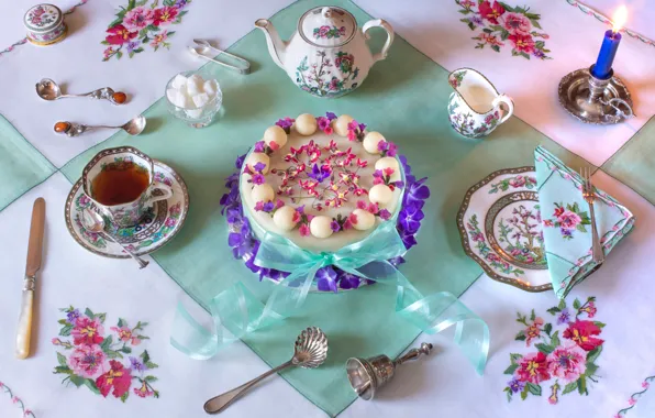 Картинка цветы, стиль, чай, свеча, тарелка, Пасха, нож, кружка
