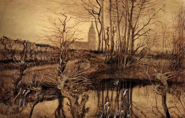 Картинка ветки, озеро, Vincent van Gogh, The Kingfisher