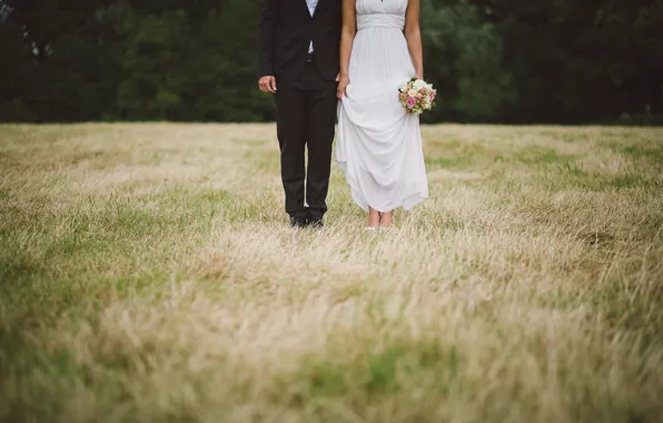 Поле, трава, платье, костюм, невеста, жених