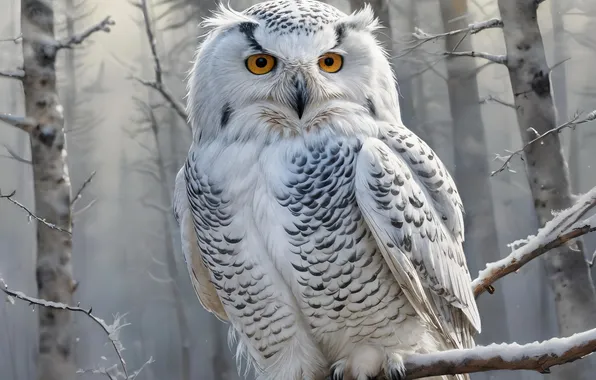 Зима, лес, взгляд, снег, деревья, природа, туман, сова