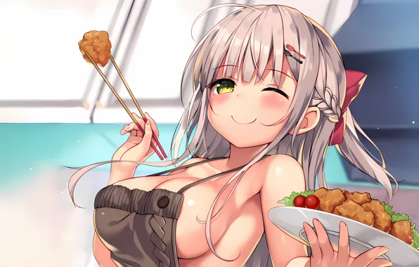 Girl, sexy, cleavage, long hair, boobs, anime, food, beautiful