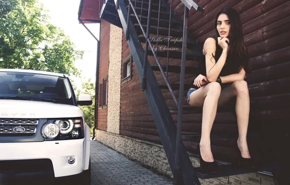 Авто, девушка, брюнетка, лестница, land rover