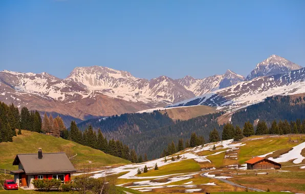 Картинка снег, деревья, горы, Швейцария, домики, солнечно, леса, луга
