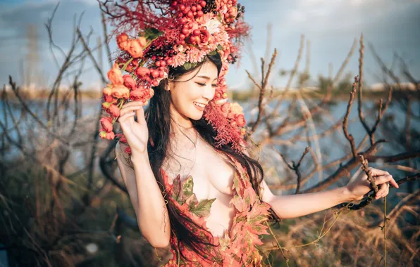 Грудь, листья, девушка, свет, цветы, ветки, природа, лицо