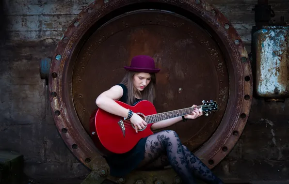 Картинка девушка, гитара, шляпка