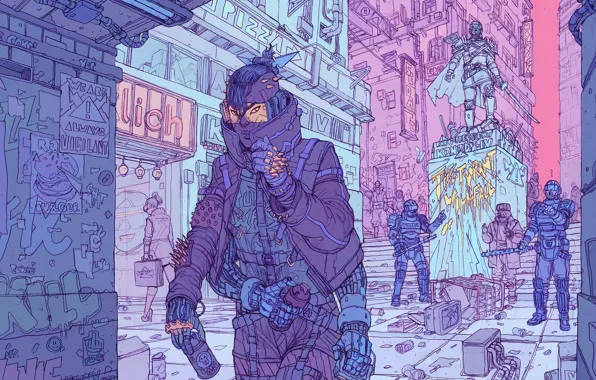 Девушка, Город, Робот, Fantasy, Арт, Art, Robot, Фантастика