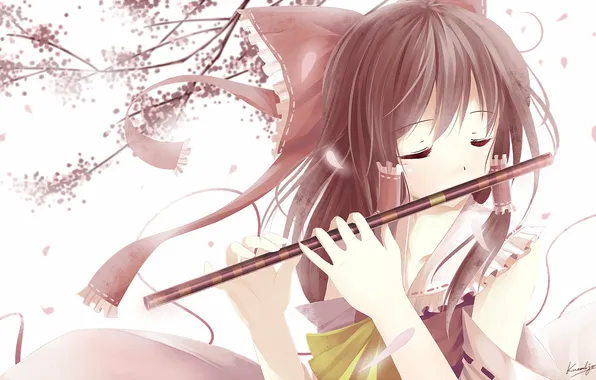 Картинка весна, аниме, сакура, девочка, флейта