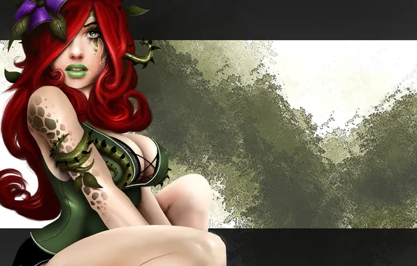 Картинка девушка, фон, арт, рыжая, плющ, Poison Ivy