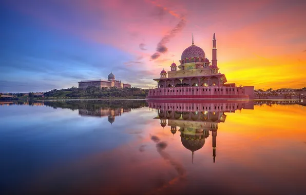 Картинка небо, облака, закат, отражение, зеркало, Малайзия, Мечеть Путра, Putrajaya Озеро
