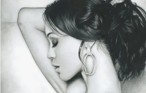 Картинка девушка, ресницы, волосы, рука, серьги, макияж, профиль, живопись