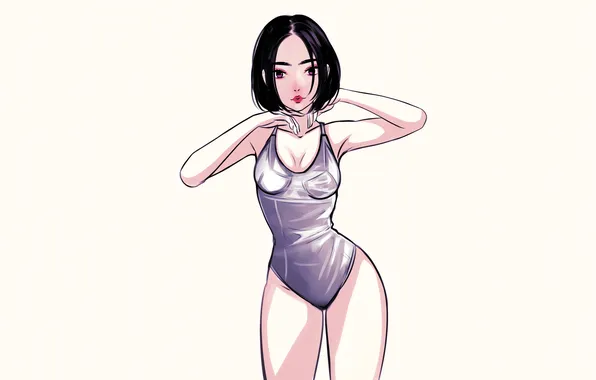 Girl, sexy, cleavage, boobs, anime, beautiful, short hair, purple eyes