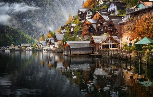 Картинка горы, озеро, дома, Австрия, Гальштат