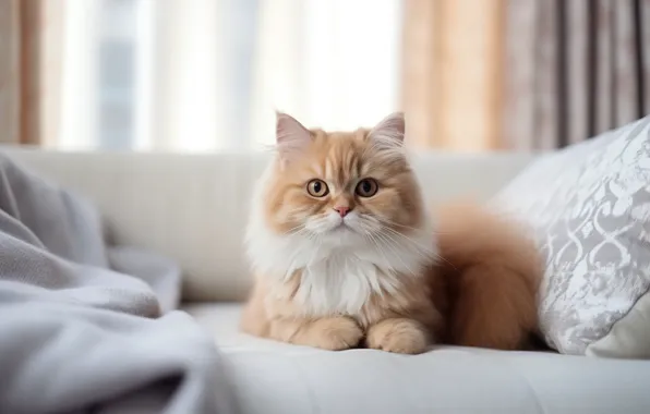 Кошка, взгляд, поза, котенок, рыжий, постель, подушка, мордашка