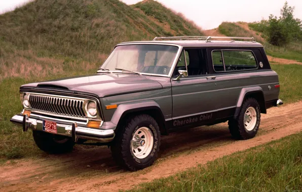 Картинка дорога, фон, холмы, внедорожник, Джип, передок, 1976, Jeep