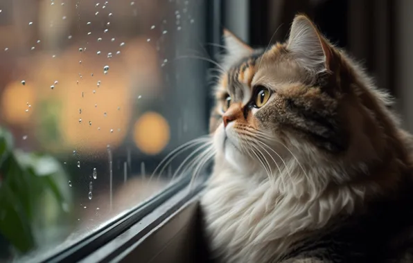 Кот, дождь, настроение, окно, rain, cat, mood, window