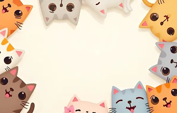 Взгляд, кошки, поза, коты, котята, компания, светлый фон, мордашки