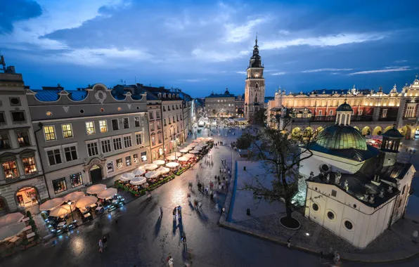 Небо, ночь, улица, площадь, Польша, панорама, Evening, Poland